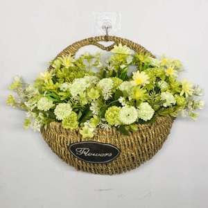 草编壁挂花篮 仿真花 创意小雏菊悬挂式花盆假花遮挡墙面装饰摆设