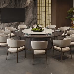 新中式自动转盘家具定制电动餐桌酒店会所大圆桌实木包厢餐桌椅
