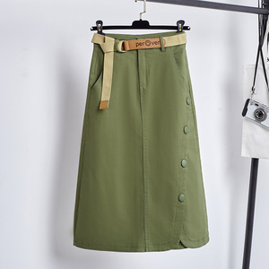 军绿色休闲纯棉半身裙女中长款2022夏季新款高腰a字显瘦一步裙子