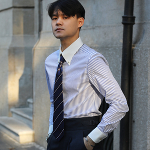 意式绅士拼色长尖领时尚蓝条纹修身复古英伦雅痞撞色长袖潮男衬衫