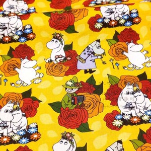 宽105 sale平纹棉布料 姆明红玫瑰黄叶子 卡通连衣裙手工娃衣复古