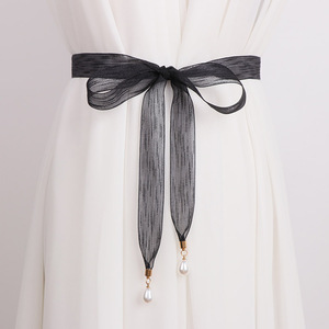 简约布腰带女士绑带纯色蝴蝶结装饰百搭连衣裙子黑色系带腰绳长条