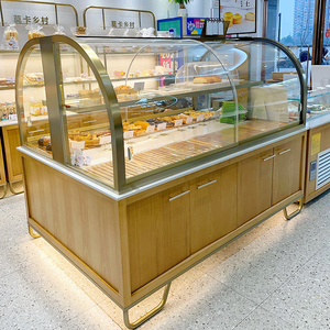 面包柜面包展示柜实木面包中岛柜弧形镀钛展示柜蛋糕模型柜货架