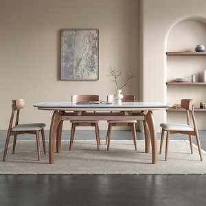 新款可折叠圆形拉伸实木岩板餐桌椅现代简约小户型侘寂风两用桌子