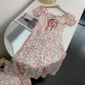 文艺风英伦复古华丽中长裙短袖碎花系带连衣裙时尚休闲洋气d$14