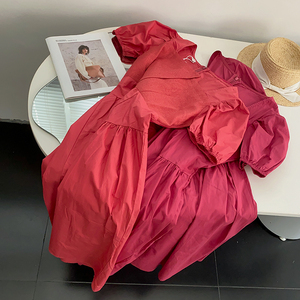 韩版玫红色短袖方领连衣裙新款宽松套头百搭长裙时尚休闲洋气D$1