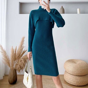 针织无袖打底中长款修身包臀背心裙毛衣短款坎肩上衣两件套连衣裙