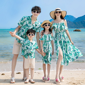 亲子装夏装一家四口母女装沙滩海南岛服男衬衣三亚旅游度假连衣裙