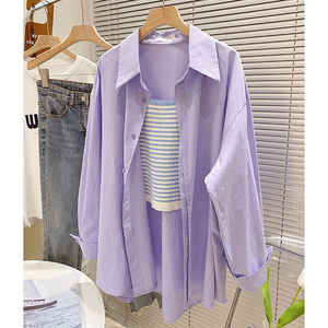 法式紫色亚麻长袖衬衫女士2024春秋季新款小个子休闲衬衣小衫上衣