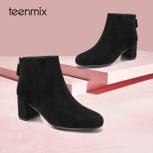 【商场同款】天美意羊绒通勤粗跟短靴女靴子新款as461dd8