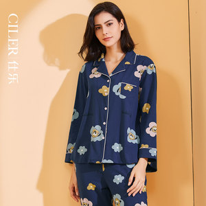 仕乐女士睡衣韩版卡通印花家居服棉质柔软舒适薄款青年套装可外穿