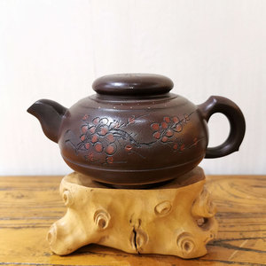 国家级大师毛国强紫砂壶全手工制作平盖彩绘刻梅花茶壶收藏传承