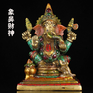 尼泊尔纯铜招财象鼻财神铜像泰国象头神红财神神像家居瑜伽供奉神