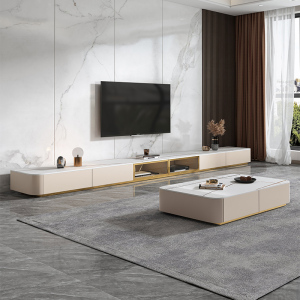 轻奢岩板电视柜茶几组合简约现代客厅玻璃地台柜落地实木电视机柜