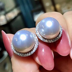 二手中古珠宝石首饰18k白金镶南阳大白珠小灯泡珍珠钻石耳钉m