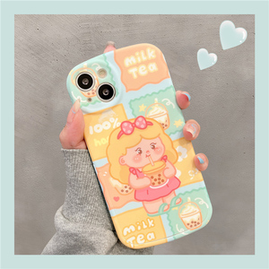 适用苹果13promax手机壳iphone 12可爱喝奶茶小女孩xr硅胶新款x/xs