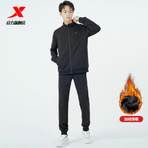 特步加绒运动套装男2021冬季新款男装保暖外套运动服运动裤两件套