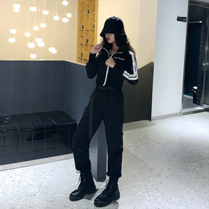 酷酷风格黑暗系女装秋装网红蹦迪工装裤套装女潮 酷女孩穿搭 帅气