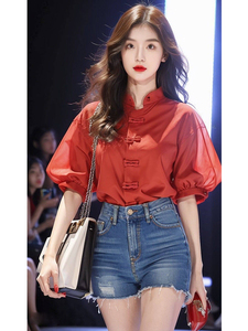 奥莱品牌剪标新中式女国风上衣新款爆款高级感红色五分袖雪纺衬衫