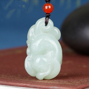 和田玉浅青玉九尾狐玉吊坠男女款狐狸天然玉佩玉牌玉挂件