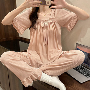 缪黛旗舰店天猫睡衣女夏季薄款梭织棉短袖短裤夏天甜美可爱可外穿两
