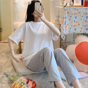 白衣灰裤睡衣女夏季纯棉清新学生薄款套装短袖长裤春秋家居服宽松