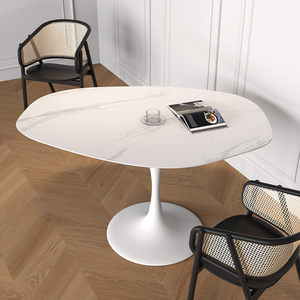 岩板椭圆形郁金香圆桌大理石异形圆餐桌家用饭桌小户型白色德利丰