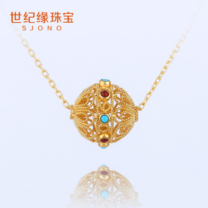 世纪缘珠宝 古法金工艺绣球足金项链镂空挂坠官方正品