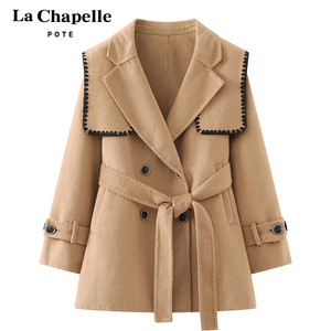 拉夏贝尔pote反季清仓双面羊绒大衣女秋冬季小个子海军领毛呢外套