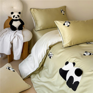 卡通100支兰精天丝棉四件套床笠床上用品毛巾绣熊猫冰丝被套夏季