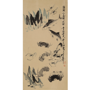 齐白石老画水草虾2国画三尺花鸟花卉手绘名家字画附收藏鉴定包邮