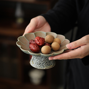 中式高脚果盘茶点盘陶瓷高足点心盘家用零食坚果碟供佛摆放茶托盘