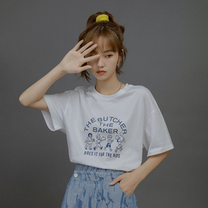 全棉印花女短袖t恤宽松2021新品夏季白色英文字母体恤半袖薄款ins