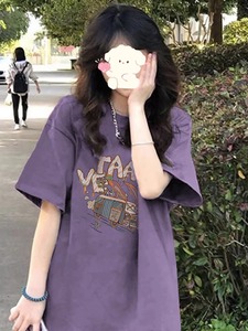 高级感紫色短袖t恤女夏季2023新款卡通印花体恤宽松chic港味上衣