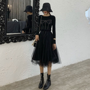 网红时髦套装女初春新款气质显瘦黑色上衣 网纱半身裙子两件套潮