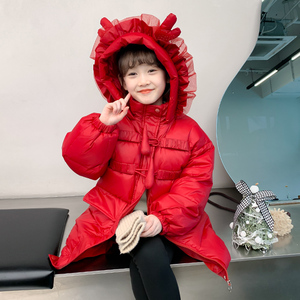 女童冬装棉服外套2024新款洋气女孩新年衣服冬季儿童红色羽绒棉衣