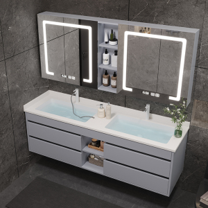 现代简约岩板一体无缝拼接陶瓷双盆浴室柜组合洗脸池洗漱手台定制