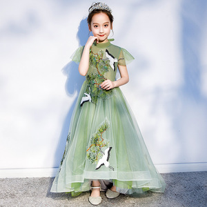 女童中国风绿色礼服裙仙鹤青松演出服晚礼服公主裙钢琴主持拖地裙