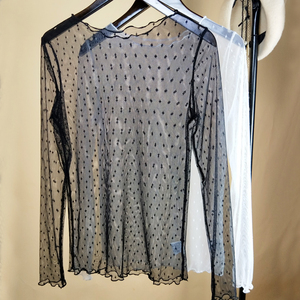 透明网纱打底衫女长袖沙t内搭透视防晒修身纱衣波点薄纱蕾丝上衣