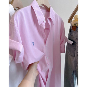 韩系chic粉色纯棉刺绣短袖衬衫女夏季设计感小众防晒衬衣休闲上衣