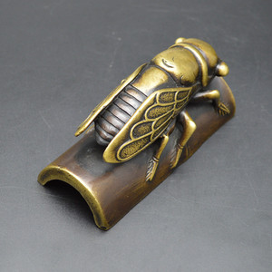 纯黄铜知了摆件玄关书房竹节蝉摆件铜蝉一鸣惊人仿古收藏铜器礼品