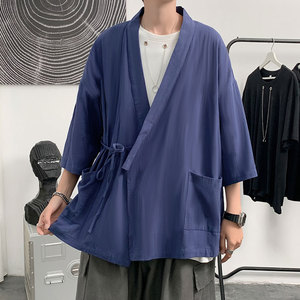 新中式男装穿搭七分袖衬衫男设计感小众国风情侣衬衣oversize道袍