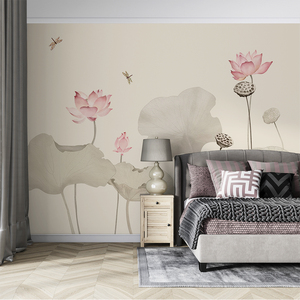 新中式淡雅禅意荷花影视墙壁纸意境工笔画素雅客厅电视背景墙墙纸