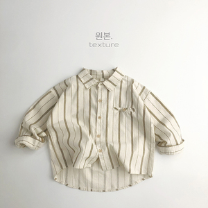 森系复古风~韩国儿童装春夏新款竖条衬衫开男女气质潮宝洋气