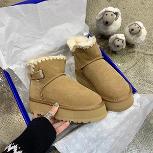 松糕底雪地靴女真皮羊毛皮毛一体针织毛线口雪地棉时尚加厚短靴潮