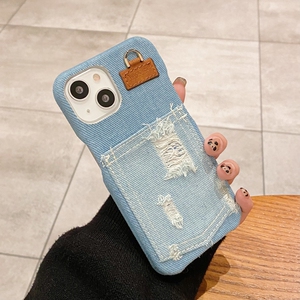复古牛仔布纹卡包一体适用于iphone13手机壳苹果12创意11卡套x放卡片