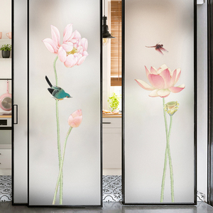 中式简约荷花窗户贴纸推拉门浴室卫生间客厅静电免胶磨砂玻璃贴膜