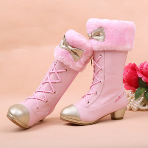 粉色冬季女童靴子韩版儿童高跟雪地靴新款公主靴女孩子高筒长靴女