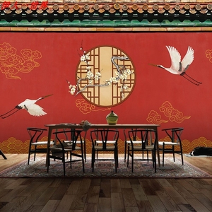 002人付款淘宝手绘线条阁楼沙发背景墙纸壁纸中式古典建筑装饰壁布