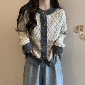 vintage古着针织毛衣女秋冬韩版宽松bf慵懒风加厚开衫上衣外套潮